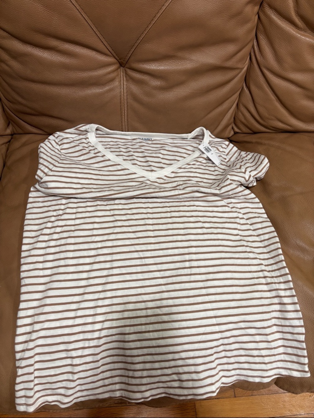 Old Navy Cream and Light Brown Striped V-Neck Tee